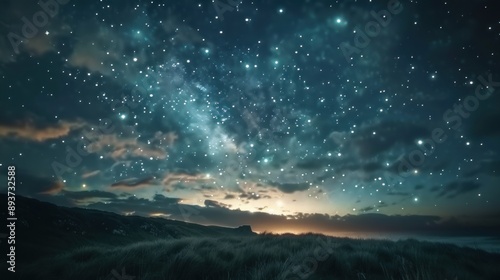 Night Sky Filled With Stars Over Grassy Landscape © LOVE TO ALLAH