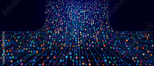 Big data technology and data science illustration. Data flow concept. Neural network for artificial intelligence. Data mining.