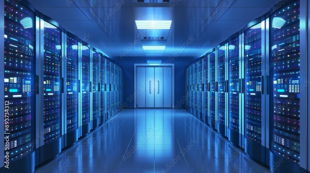 Server Room with Blue Lighting and Glowing Hardware, Data Center , Server Room , Technology , Network Server Room with Blue Lighting and Glowing Hardware, Data Center , Server Room , Technology , Network