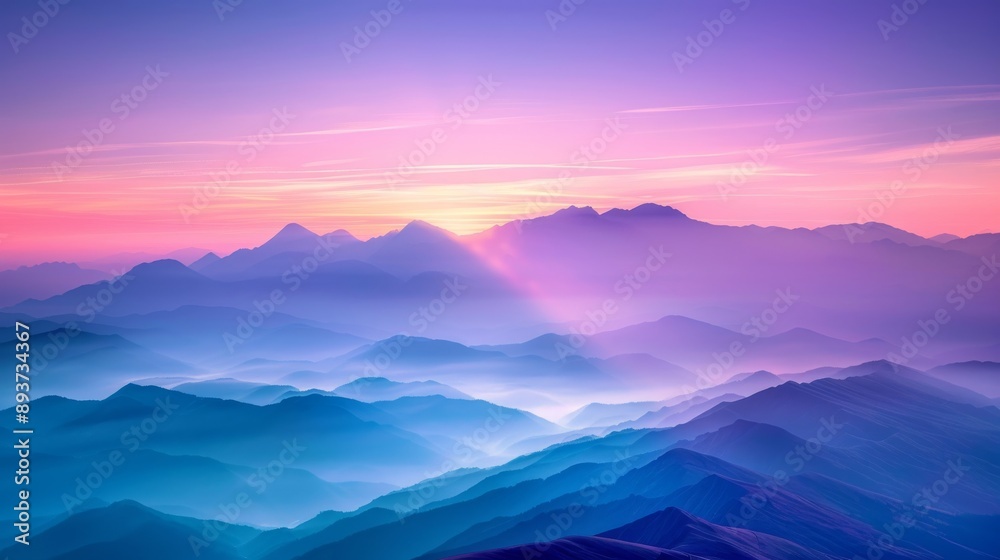 A breathtaking view of layered mountains at sunset with a soft misty atmosphere and vibrant colors painting the sky A breathtaking view of layered mountains at sunset with a soft misty atmosphere and vibrant colors painting the sky