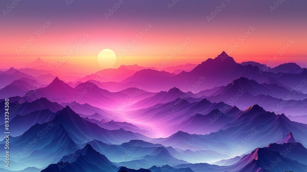 A vibrant sunrise illuminates a vast mountain range casting a magical glow over the peaks A vibrant sunrise illuminates a vast mountain range casting a magical glow over the peaks