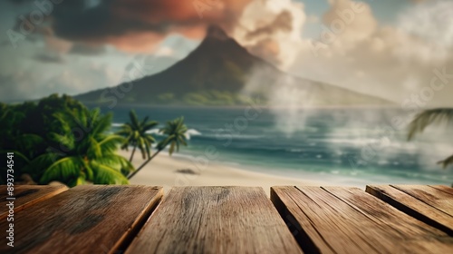 close up of rustic empty wooden table with blurred Krakatoa volcano eruption background photo