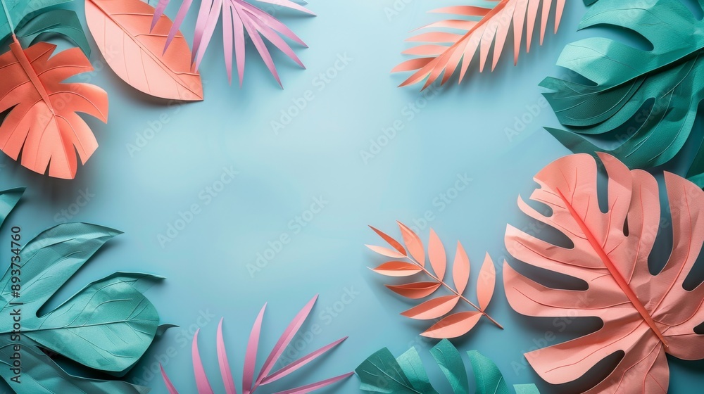 A composition of paper tropical leaves on a blue background A composition of paper tropical leaves on a blue background