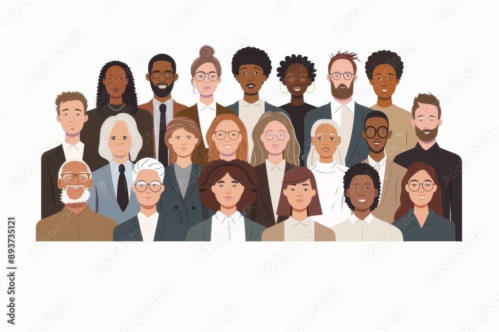 illustration of a group portrait of business people with different skin colors and ages, on a white background Generative AI illustration of a group portrait of business people with different skin colors and ages, on a white background Generative AI