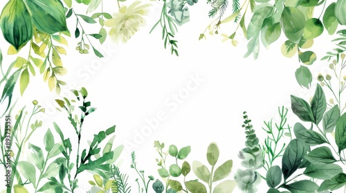 Watercolor Greenery Frame Hand-Painted Botanical Border with Green Leaves and Flowers, Watercolor, Botanical, Floral Border, Frame, Green