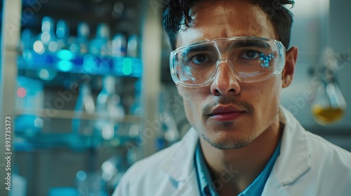 The close up picture of the young hispanic scientist student looking at the camera while wearing the lab coat and safety goggles in the laboratory and testing on the experiment inside the lab. © Екатерина Чумаченко