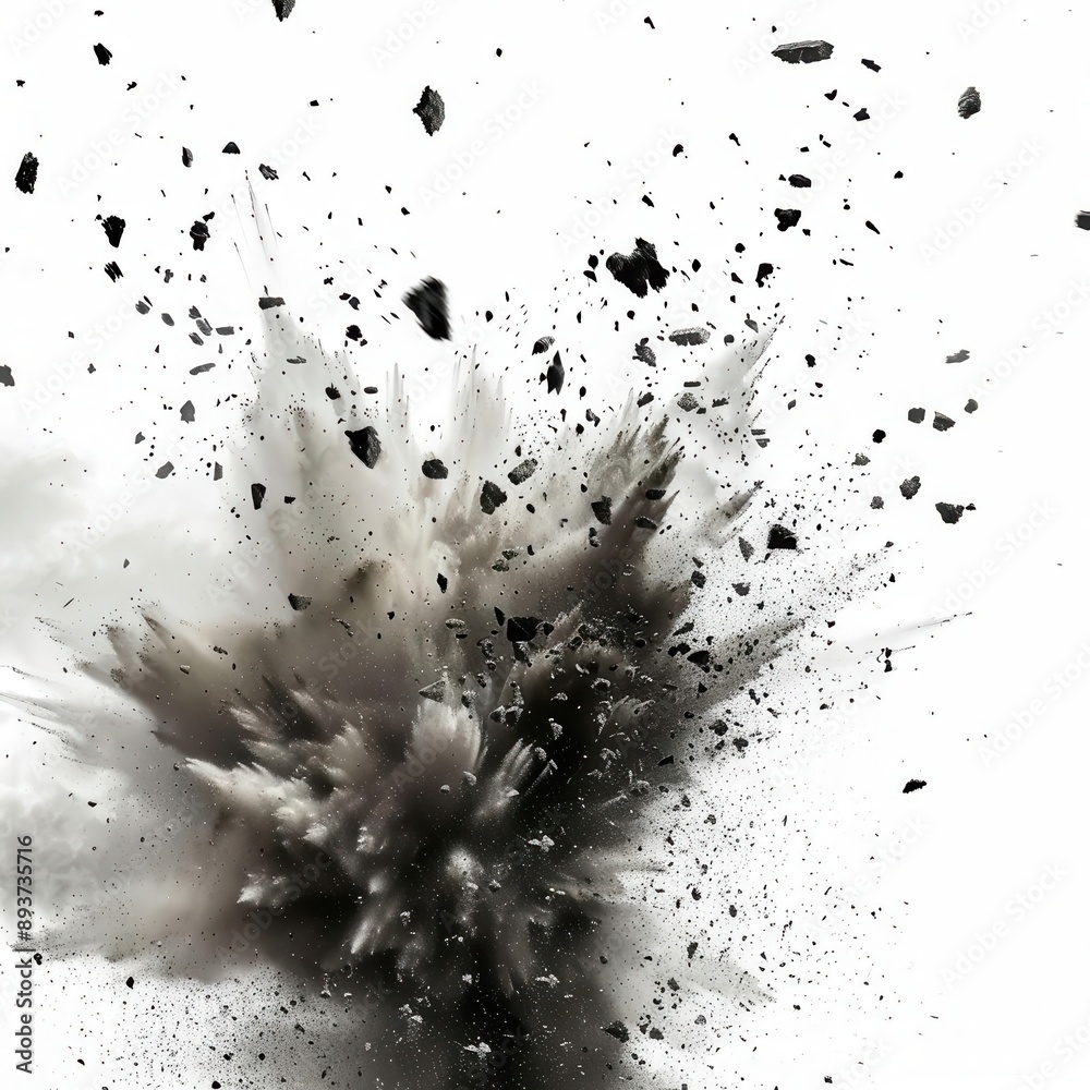 dynamic explosion of debris and dust particles frozen in midair highcontrast lighting reveals intricate details of flying fragments against pure white background dynamic explosion of debris and dust particles frozen in midair highcontrast lighting reveals intricate details of flying fragments against pure white background