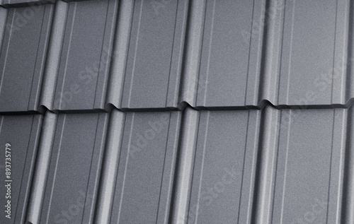 Close-up view lightweight galvanised steel roofing sheet. Modular tile effect roof panel. Traditional metal shingle tiles. Popular profiled metallic pantile mimic clay or concrete slate photo