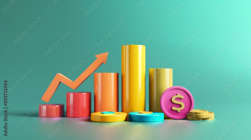 3D Rendered Colorful Bar Chart with Upward Arrow and Dollar Coin, 3D rendering, bar chart, dollar sign, growth