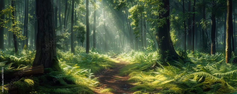 Fototapeta premium beautiful large, wild forest with tall trees and many ferns in the sun's rays