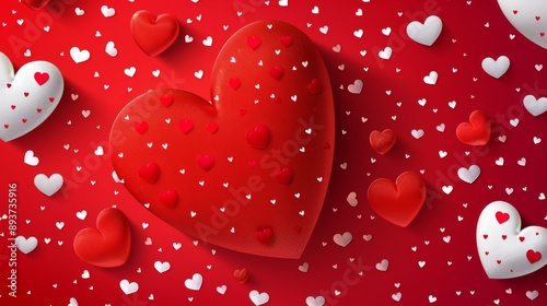 The image displays a large red heart with a pattern of smaller hearts scattered around it on a red background. photo