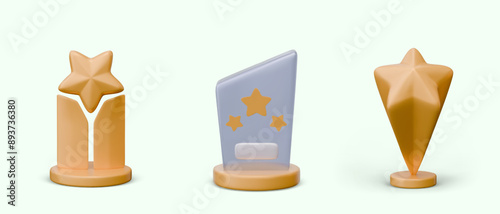 Set of trophies with gold stars. Realistic shiny figurines on stands. Vector abstract templates
