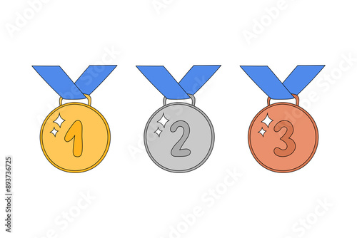 Medals with ribbon vector illustration. Doodle prizes set of golden, silver and bronze. Winner awards first, second and third places. Outline hand drawn medals isolated elements with numbers 1, 2, 3