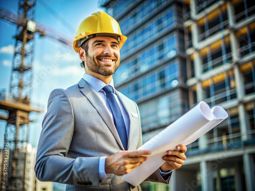 A civil engineer smiling, holding the blueprint standing with construction site backgrounds