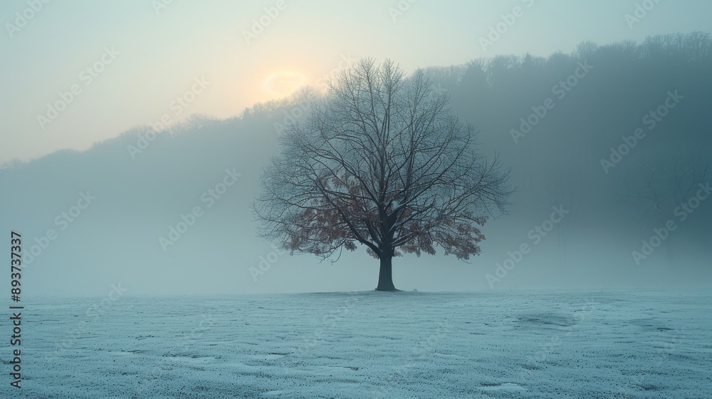 Solitude's Embrace: A lone frosted oak stands sentinel in a misty winter dawn, its bare branches reaching towards the ethereal light. Solitude's Embrace: A lone frosted oak stands sentinel in a misty winter dawn, its bare branches reaching towards the ethereal light.