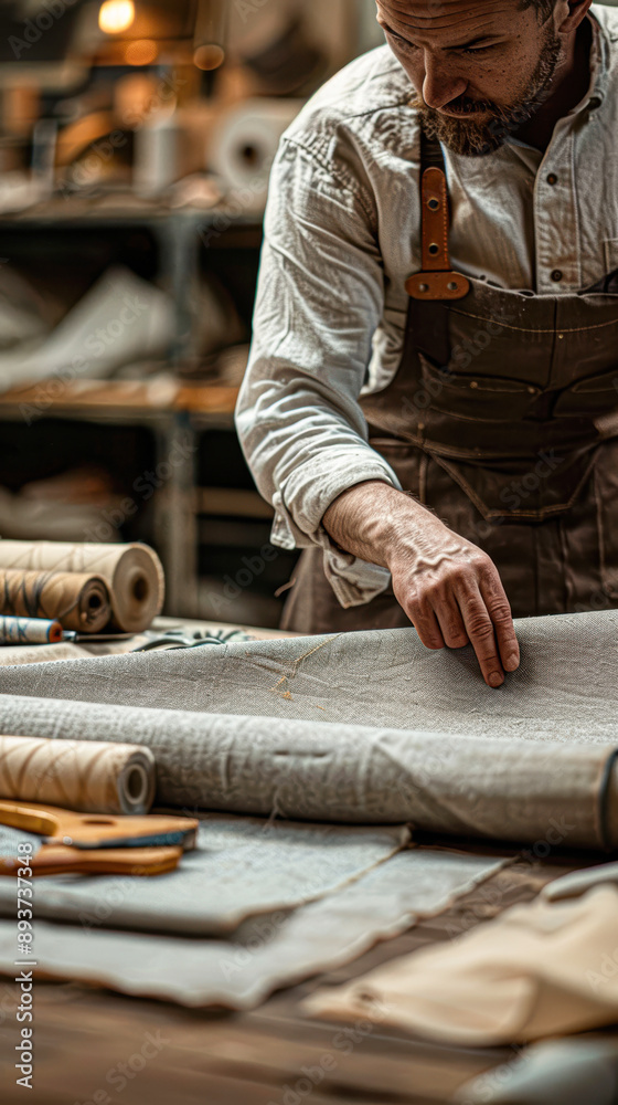 A man is working on a piece of fabric, possibly sewing or cutting it A man is working on a piece of fabric, possibly sewing or cutting it