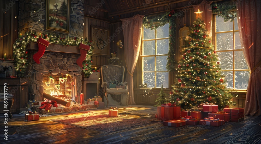 Fototapeta premium Create a cozy Christmas Eve atmosphere with a crackling fire and a beautifully decorated tree, setting the scene for a joyful winter evening. Embrace the holiday cheer in your inviting cabin