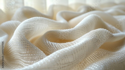 Sheer Elegance: Luxurious beige fabric draped and flowing, catching the light in delicate patterns.