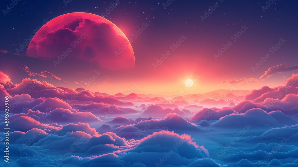 A vibrant pink planet illuminates an ethereal landscape of clouds and stars A vibrant pink planet illuminates an ethereal landscape of clouds and stars