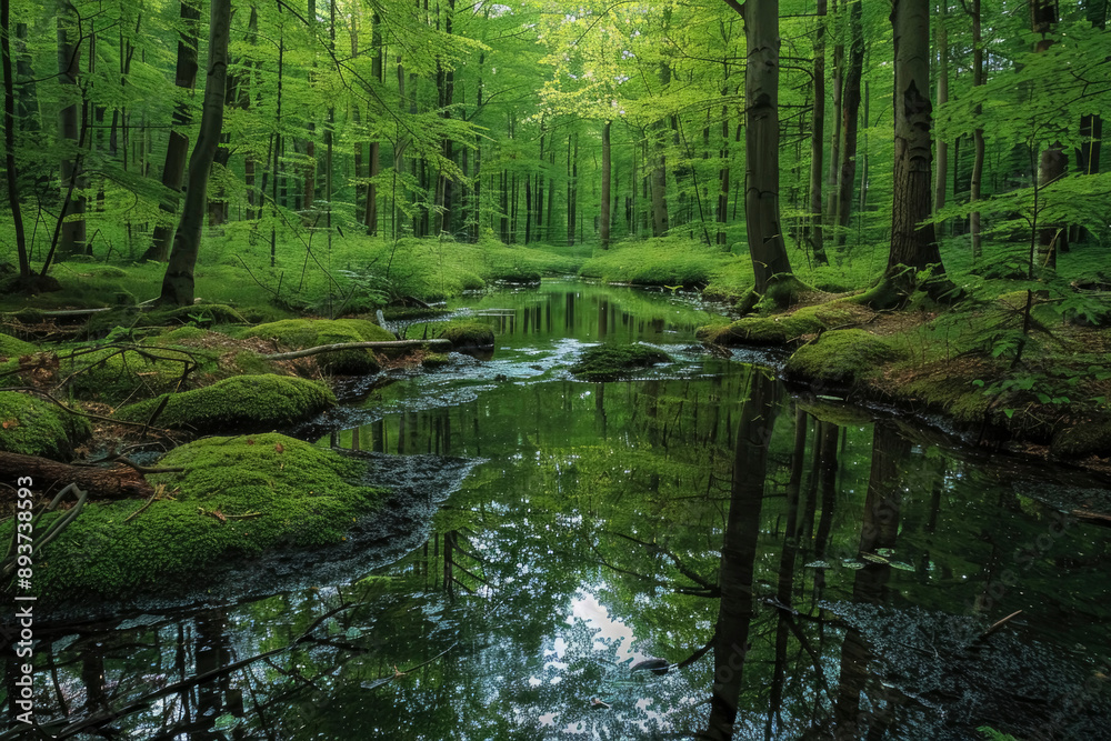 Charming forest landscape with a calm forest stream. Reflections of trees and sky flickering on the surface of the water. Green surroundings with moss-covered rocks and wildflowers. Charming forest landscape with a calm forest stream. Reflections of trees and sky flickering on the surface of the water. Green surroundings with moss-covered rocks and wildflowers.