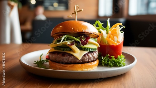 Gourmet Cheeseburger on Restaurant Table. photo