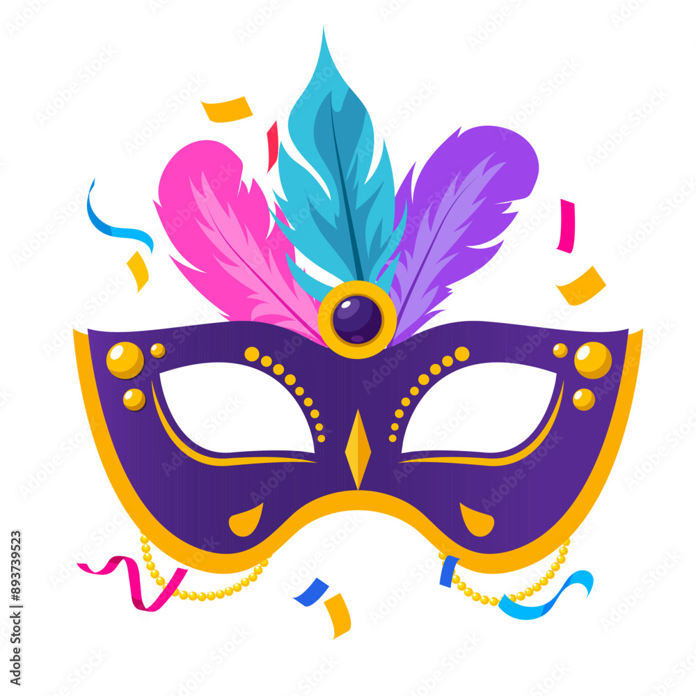 Fototapeta premium Carnival mask with feathers and confetti around. 