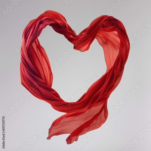 elegant heart sculpture crafted from flowing red silk fabric caught in midmotion creating sense of movement and passion stark white background emphasizing dramatic form photo