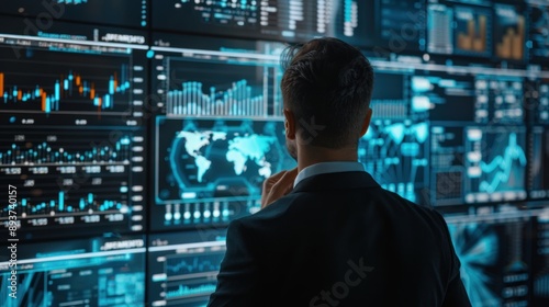 Businessman Analyzing Data on Large Screens