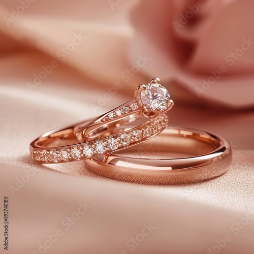 elegant pair of diamond rings nestled together symbolizing love and commitment soft lighting accentuates the brilliant facets against a romantic blushtoned background photo