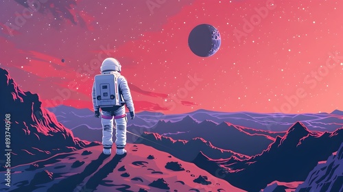 Lone Astronaut Exploring Alien Landscape Against Vibrant Red Skies
