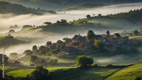 Village surrounded by morning hillside mist