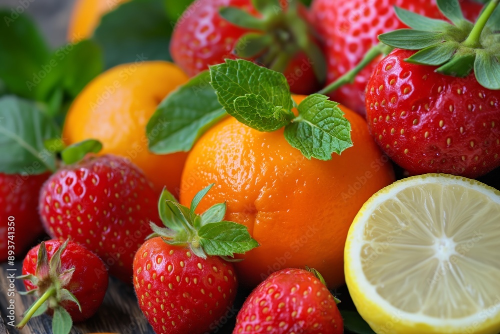 A vibrant assortment of fresh strawberries, oranges, and lemons, with green leaves adding a natural touch. A vibrant assortment of fresh strawberries, oranges, and lemons, with green leaves adding a natural touch.