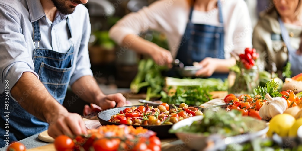 People participating in a group cooking session with fresh vegetables, emphasizing teamwork and culinary skills. People participating in a group cooking session with fresh vegetables, emphasizing teamwork and culinary skills.