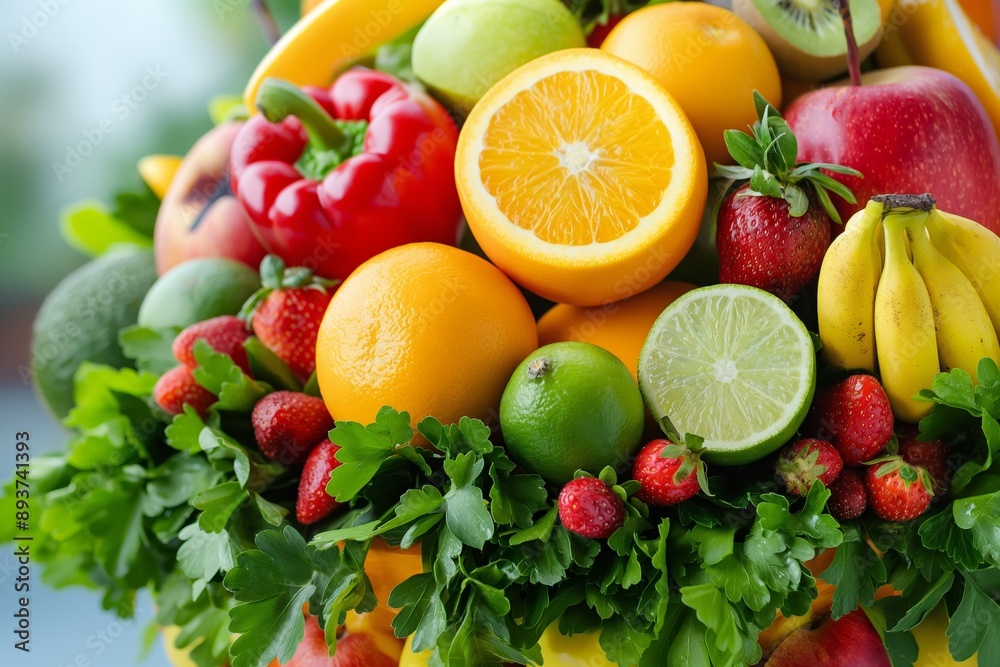 Assortment of fresh mixed fruits and greens, featuring bright colors and healthy food options arranged in a vibrant display. Assortment of fresh mixed fruits and greens, featuring bright colors and healthy food options arranged in a vibrant display.
