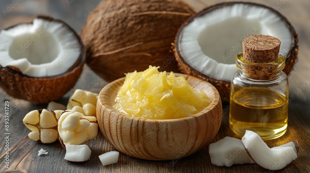 Shea butter, coconut oil, beeswax, essential oils, natural cosmetic ingredients, still life, skin care Shea butter, coconut oil, beeswax, essential oils, natural cosmetic ingredients, still life, skin care
