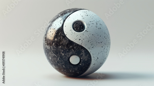 A 3D representation of the Yin Yang symbol featuring a textured black and white surface, symbolizing balance and harmony