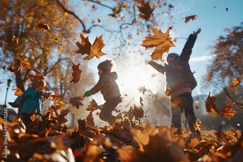 A dynamic shot of children playing in a pile of leaves in a sunny park, with leaves mid-air and smiles capturing the joy and playfulness of autumn