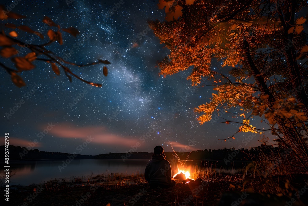 A captivating night sky filled with stars, with the silhouette of a person wrapped in a blanket sitting by a campfire, and the soft glow of the firelight illuminating their face and the surrounding au A captivating night sky filled with stars, with the silhouette of a person wrapped in a blanket sitting by a campfire, and the soft glow of the firelight illuminating their face and the surrounding au