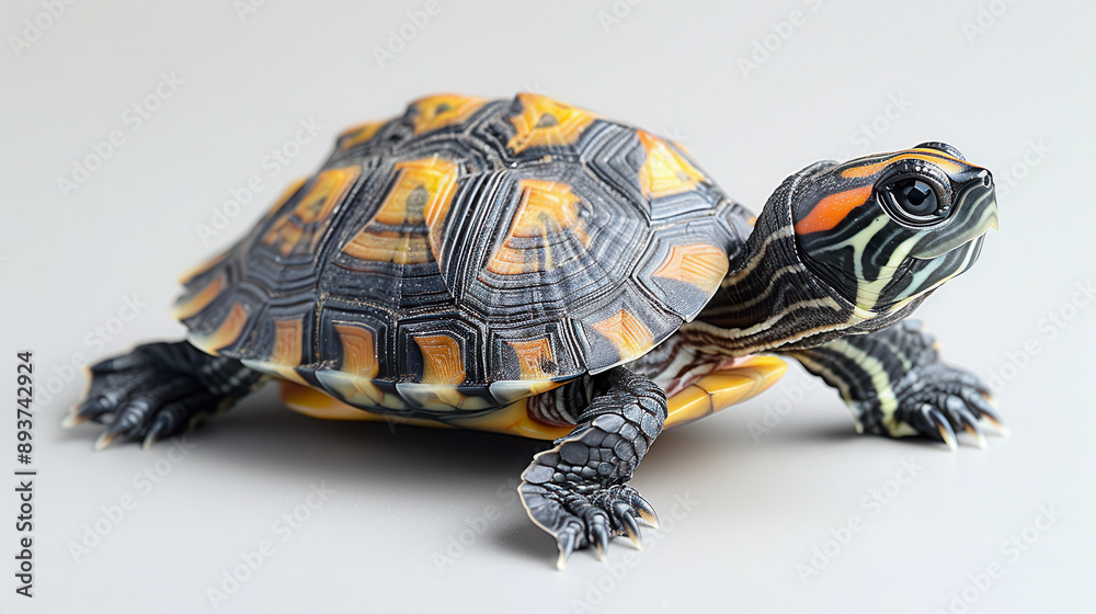 Close-up of a colorful turtle showcasing its intricate shell pattern and vibrant markings on a neutral background Close-up of a colorful turtle showcasing its intricate shell pattern and vibrant markings on a neutral background
