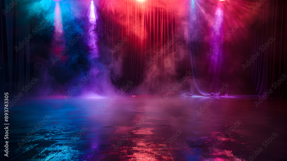 Fototapeta premium A stage with lights and smoke. The lights are red, blue, and purple