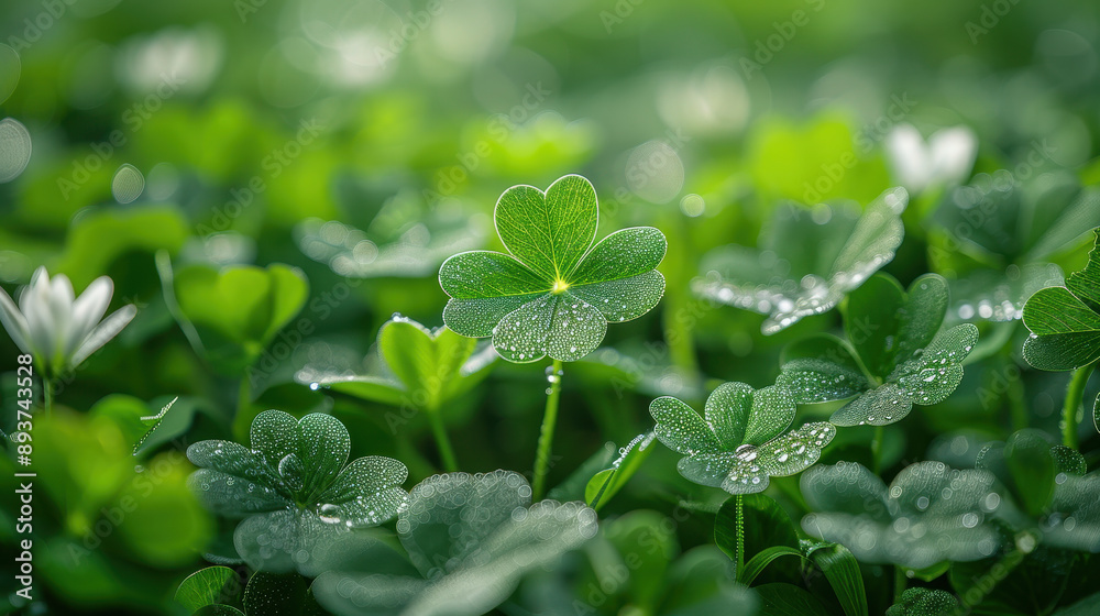 Close-up of dew-covered clover leaves illuminated by morning light, creating a fresh and vibrant natural scene Close-up of dew-covered clover leaves illuminated by morning light, creating a fresh and vibrant natural scene