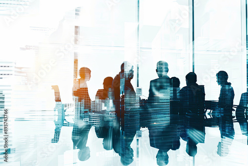 Foto A group of business professionals gathered in a boardroom with glass walls, depicted in the style of double exposure photography against a white background