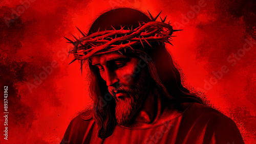 A solemn and dramatic representation of a man with long hair and a beard, wearing a crown made of thorns. 