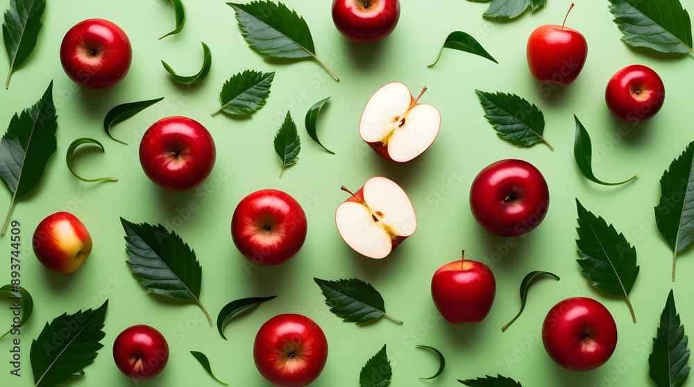 Flat lay of fresh red apples and green leaves creatively scattered across a solid green background. Flat lay of fresh red apples and green leaves creatively scattered across a solid green background.