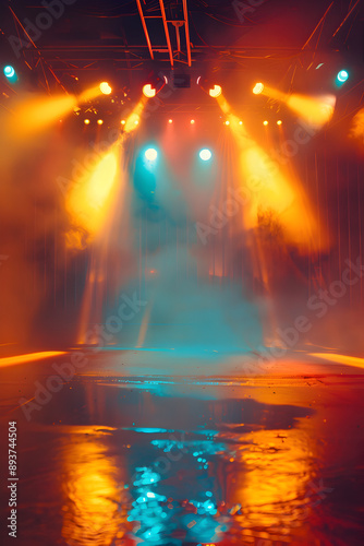 A stage with lights and smoke. The lights are orange, yellow, and blue © tracy