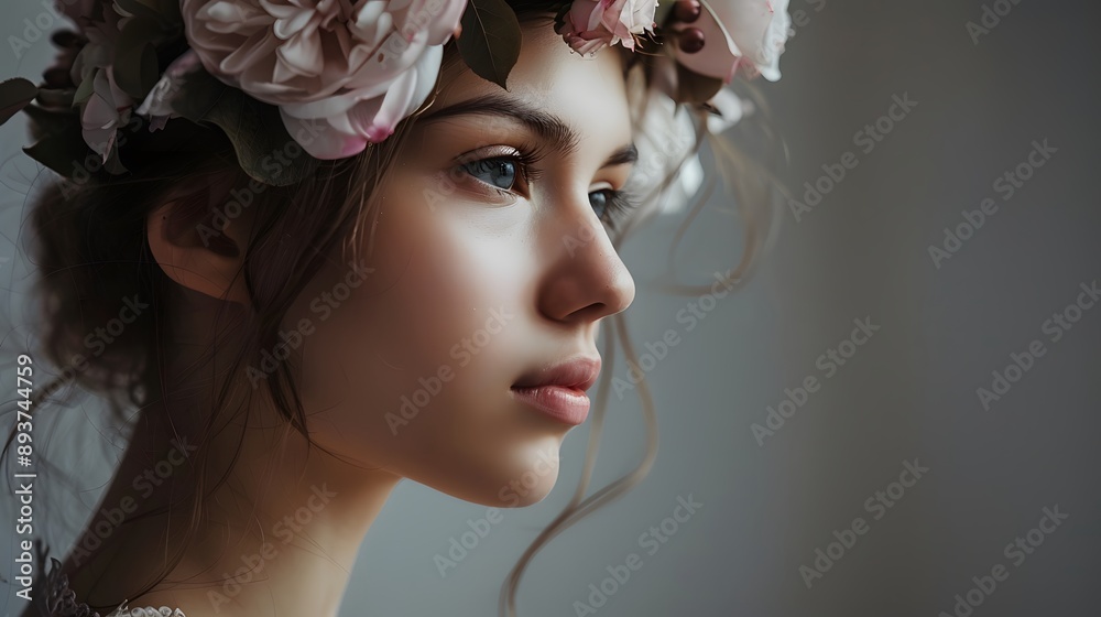 Naklejka premium Woman with Floral Headpiece: A woman wearing a delicate floral headpiece, looking pensively to the side. 