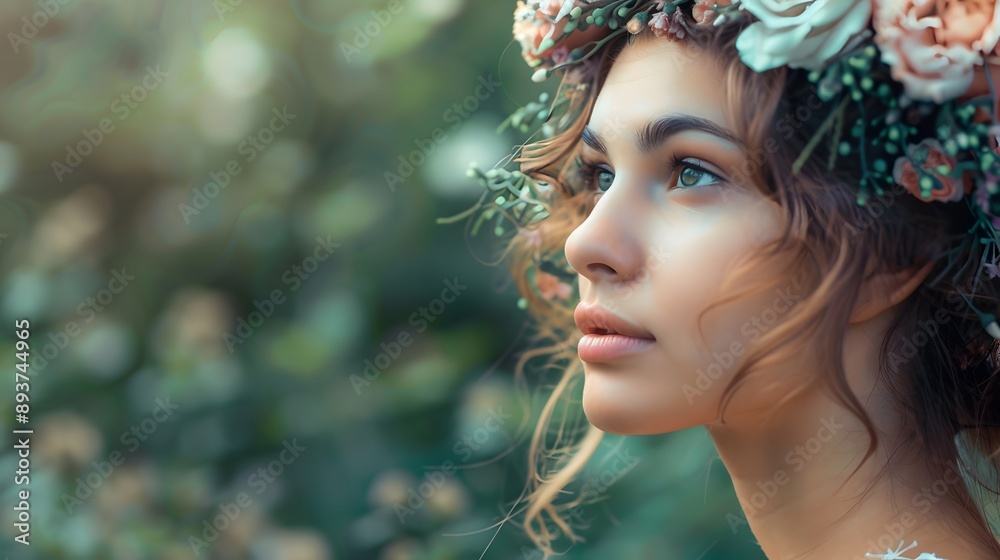 Woman with Floral Headpiece: A woman wearing a delicate floral headpiece, looking pensively to the side.
Woman with Floral Headpiece: A woman wearing a delicate floral headpiece, looking pensively to the side.