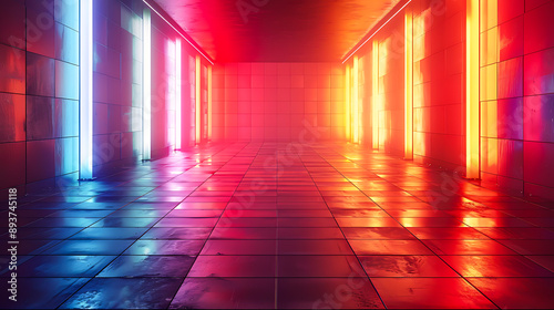 A futuristic corridor illuminated with vibrant neon lights in blue, pink, and orange, reflecting off glossy tiled walls and floors, perfect for tech, sci-fi themes, and digital art,