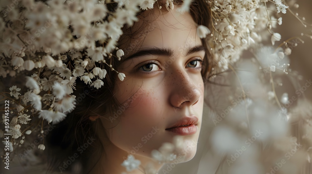 Woman with Floral Headpiece: A woman wearing a delicate floral headpiece, looking pensively to the side. 
