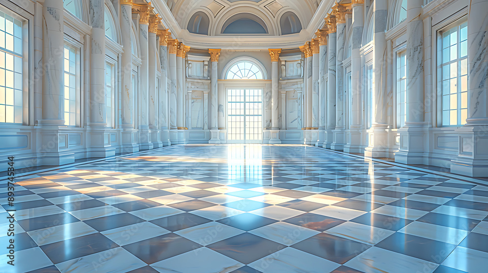Obraz premium Elegant, spacious hall with high windows, marble columns, and a checkered floor, flooded with natural light; ideal for illustrating luxury, architecture, historic venues